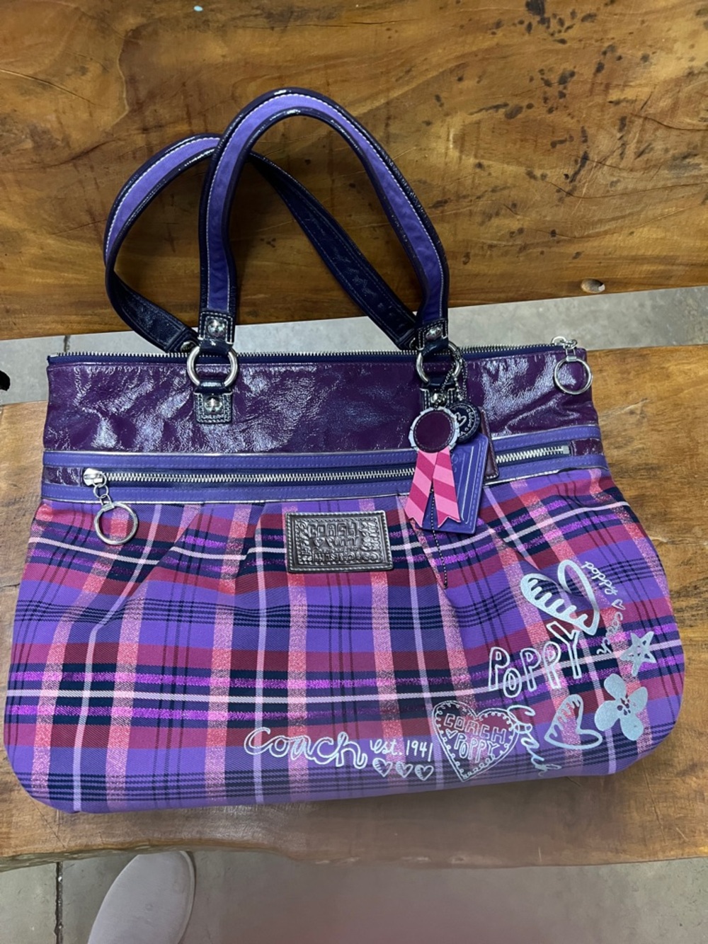 Coach Purple Plaid Poppy Tote with Pink Accents - Picture 2 of 15